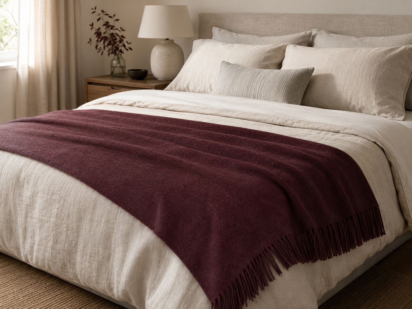 A selected throw styled naturally across a softly arranged bed